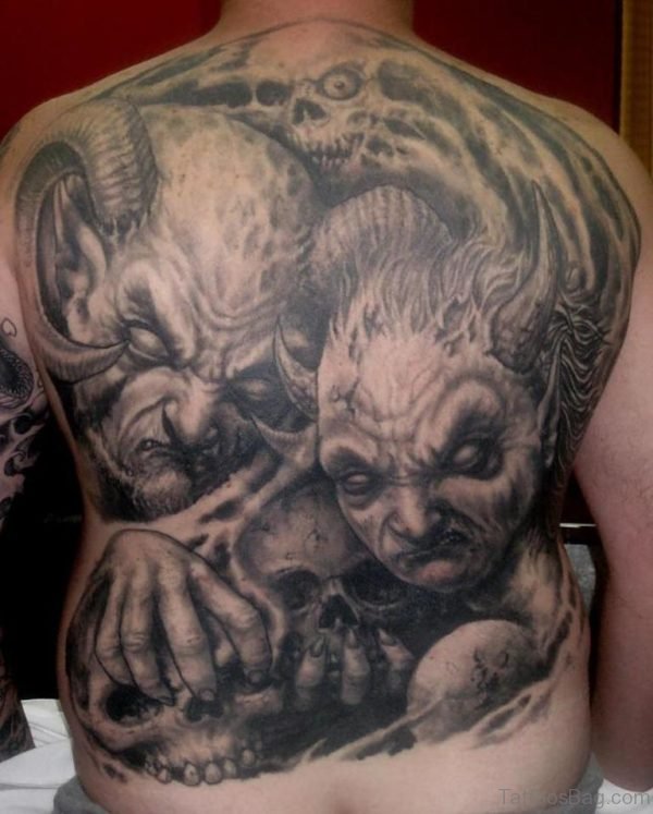 Grey Ink Horror Tattoo On Whole Back