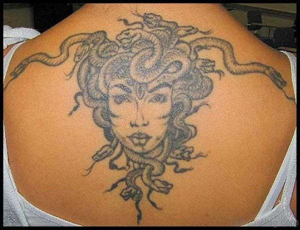 Grey Ink Medusa Tattoo On Upper Back