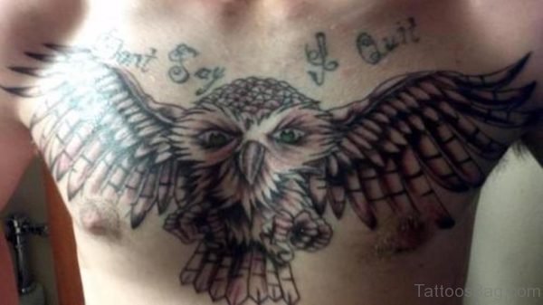 Grey Ink Open Wings Owl Tattoo On Man Chest