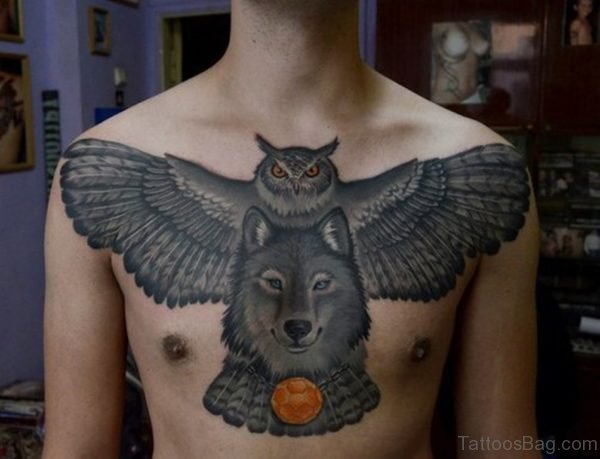 Grey Ink Owl And Wolf Head Tattoo