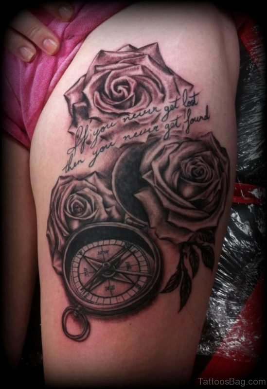 Grey Ink Roses And Clock Tattoo