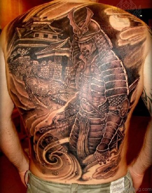 Grey Ink Samurai Warrior Tattoo