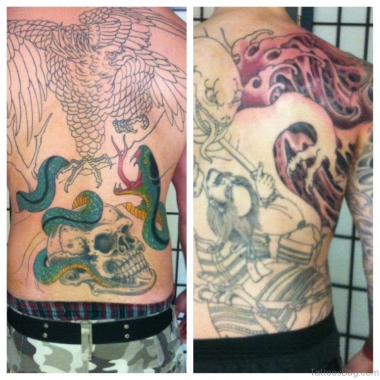 Grey Ink Skull, Snake And Hawk Tattoo