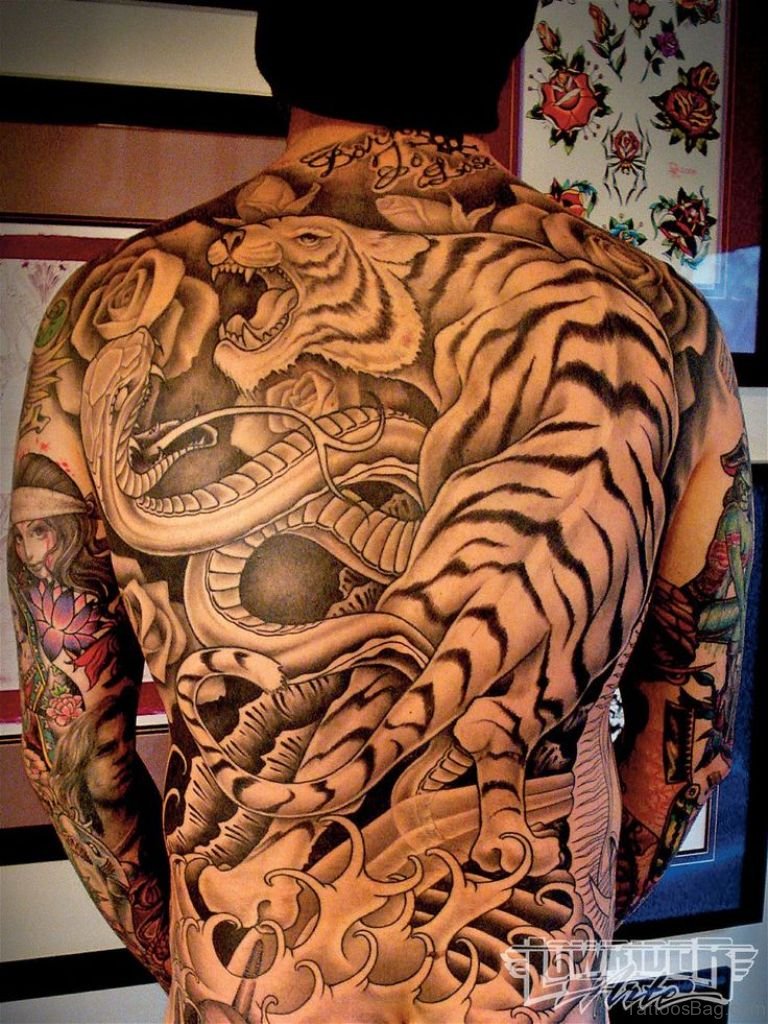 Grey Ink Tiger and Snake Tattoo On Back