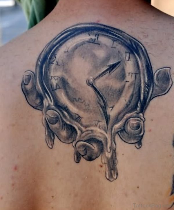 Grey Inked Clock Tattoo On Back
