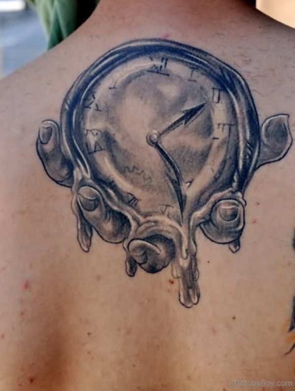 Grey Inked Clock Tattoo On Back