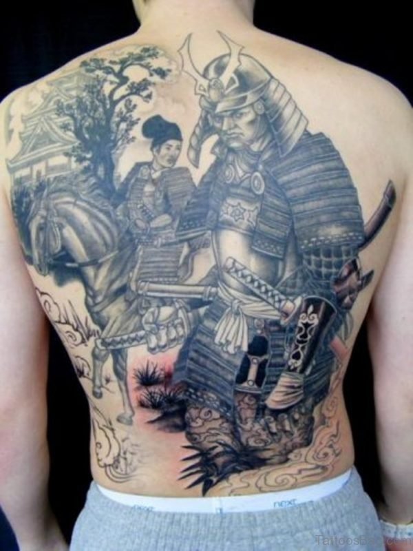 Grey Japanese Samurai Tattoo On Full Back