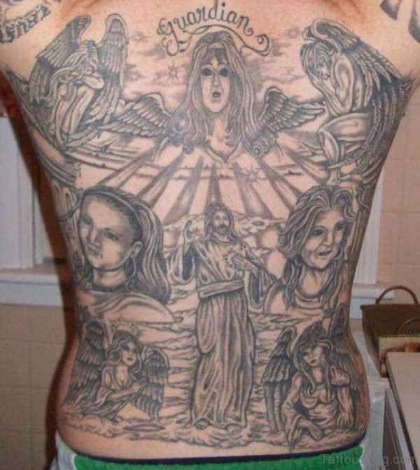 Grey Jesus Tattoo On Full Back