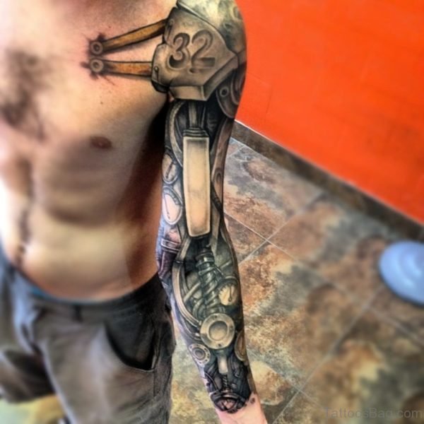 Grey Mechanical Tattoo On Full Sleevev