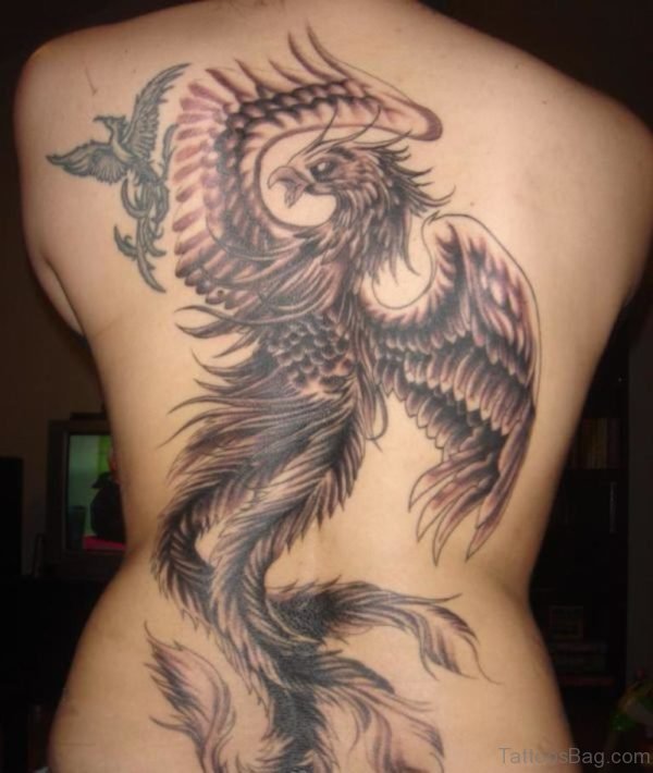 Grey Phoenix Tattoo On Full Back 