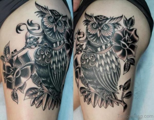 Grey Rose And Owl Tattoo