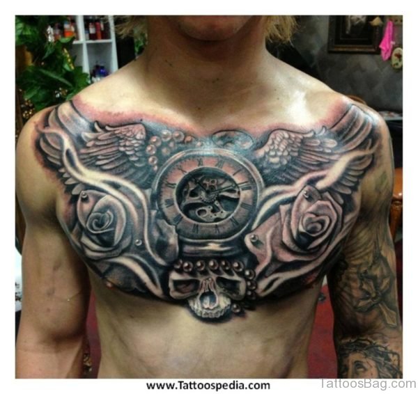 Grey Rose Flowers And Wings Angel Chest Tattoo
