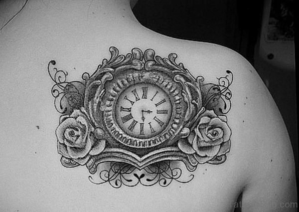 Grey Roses And Clock Tattoo On Right Back