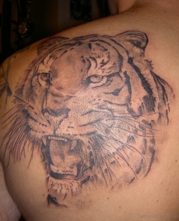 Grey Tiger Face Tattoo On Back