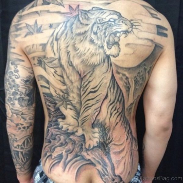 Grey Tiger Tattoo Design On Full Back