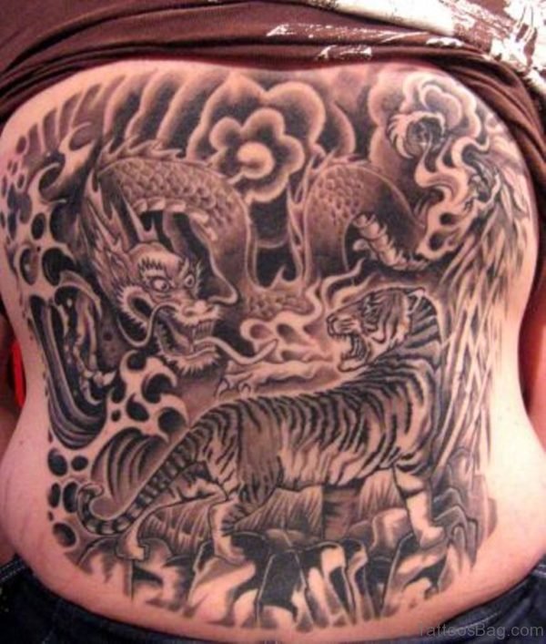 Grey Tiger Tattoo On Lower Back