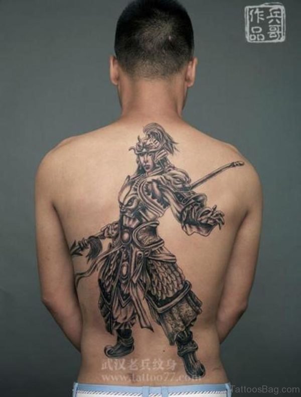 Grey Warrior Tattoo On Back