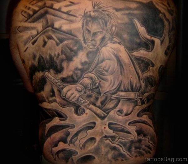 Grey Warrior Tattoo On Full Back 