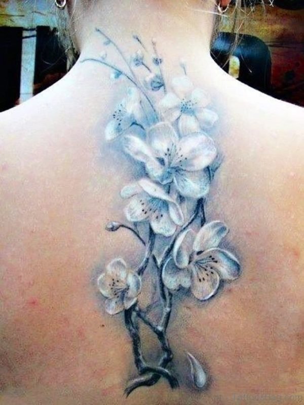 Grey & White Flower Tattoo On Back