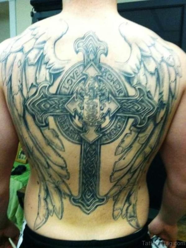 Grey Wings And Cross Tattoo