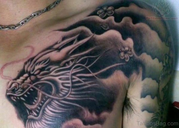 Grey ink Dragon Tattoo On Chest