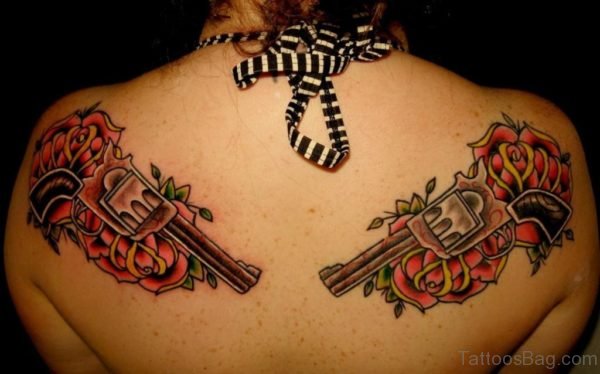 Guns And Roses Tattoo On Back For Women