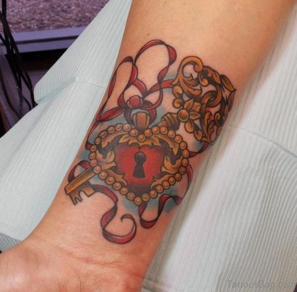Heart Lock And Key Tattoo On Wrist