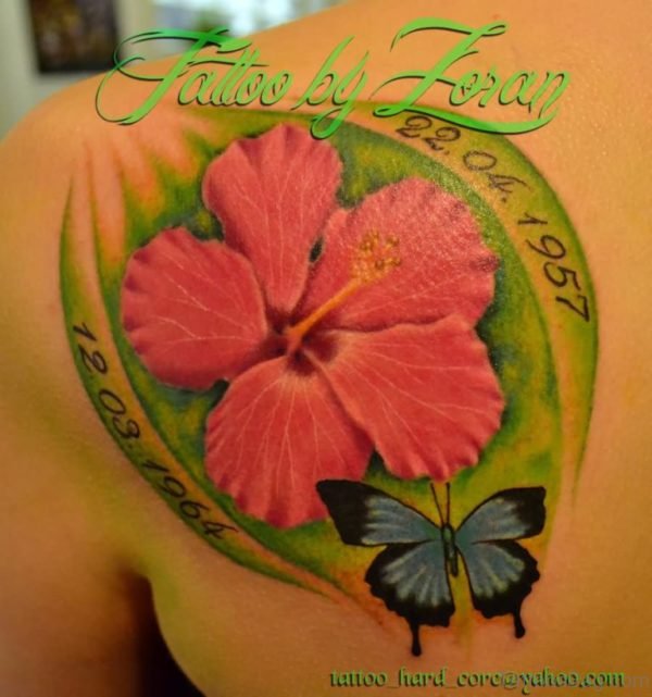 Hibiscus Tattoo On Back Shoulder