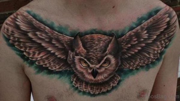 Horned Flying Owl Tattoo On Chest