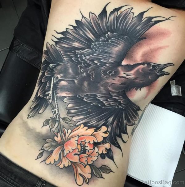 Huge Crow Tattoo On Full Back With  Flower