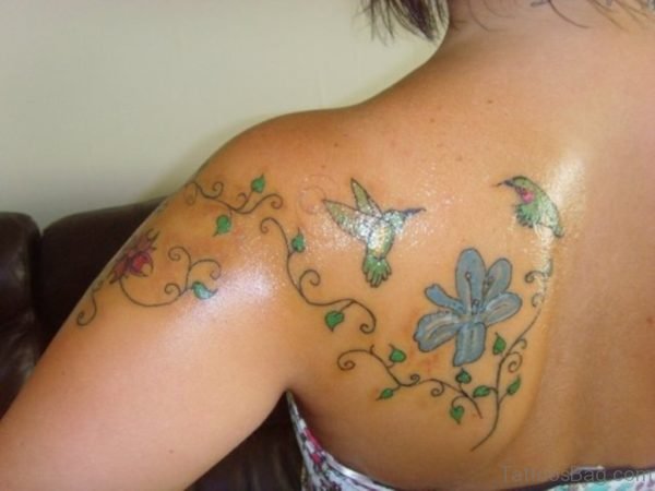 Hummingbird And Blue Flower Tattoo