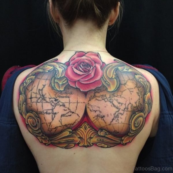 Impressive Map And Rose Tattoo