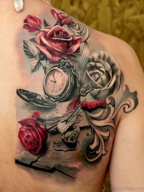 Impressive Pocket Watch With Red Roses Tattoo