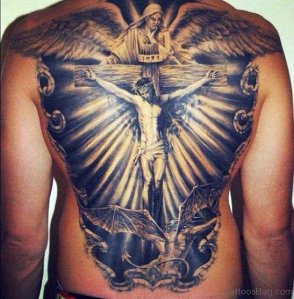 Jesus And Cross Tattoo On full Back