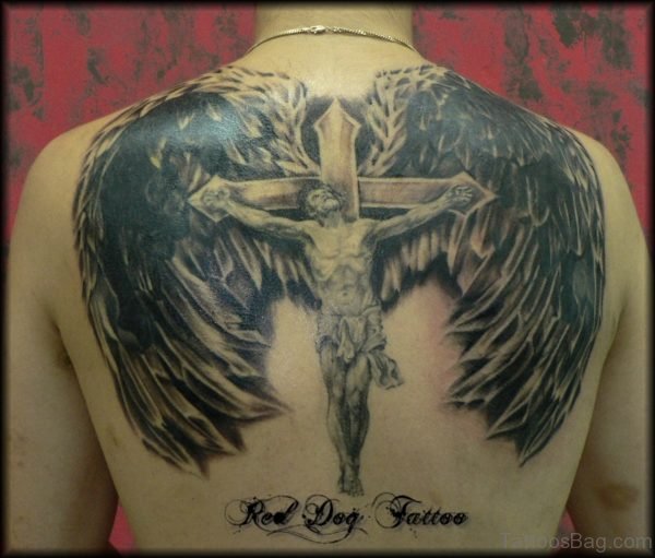 Jesus And Wings Tattoo On Back
