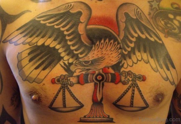 Justice Scale With Eagle Tattoo On Man Chest