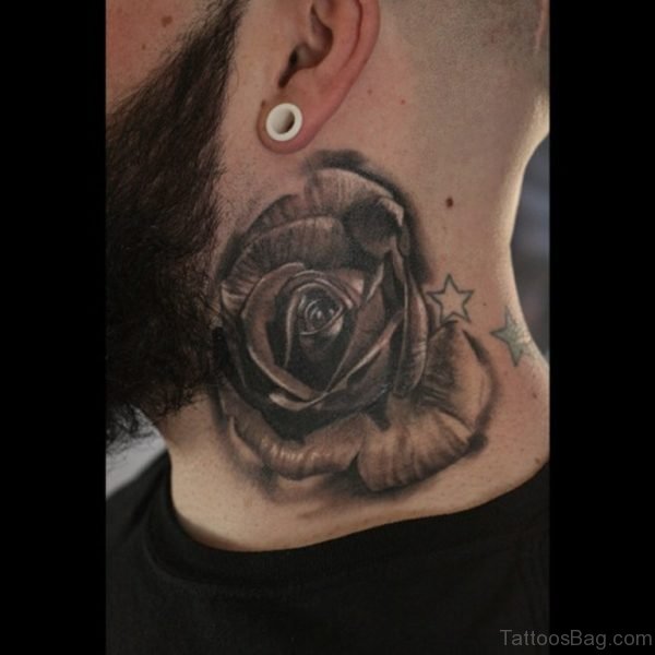 Large Black Rose Tattoo On Side Neck
