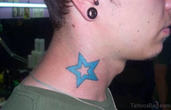 Large Blue Star Tattoo On Neck
