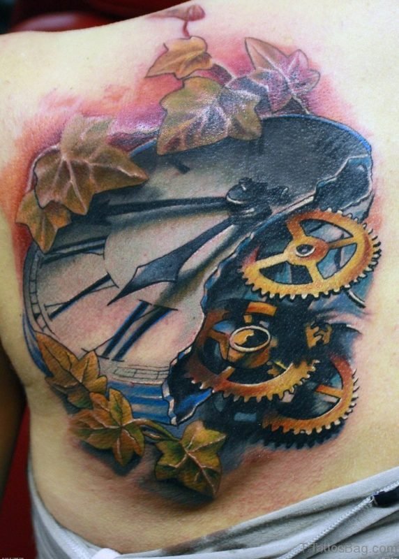 Leaf And Clock Tattoo On Back