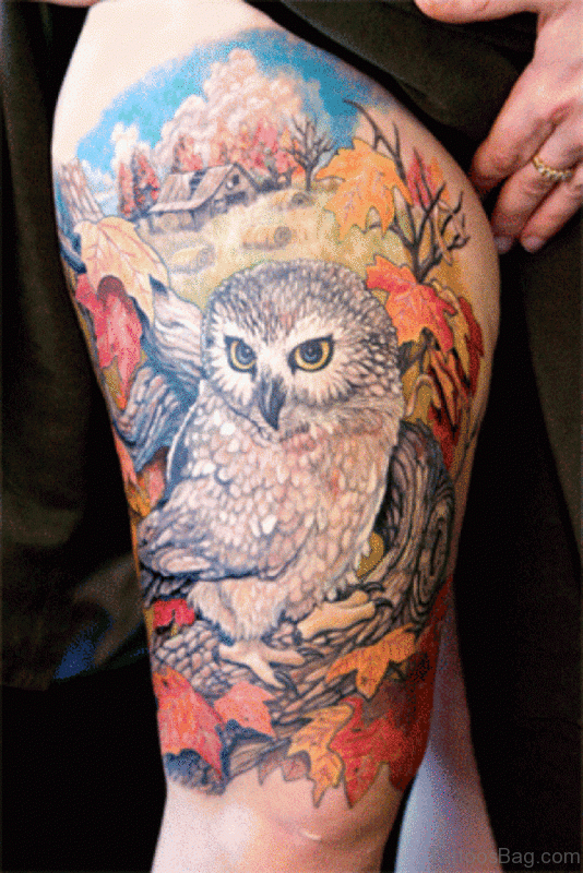 Leafs And Owl Tattoo Design