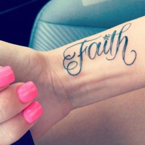 Light Black Ink Faith Tattoo On Wrist