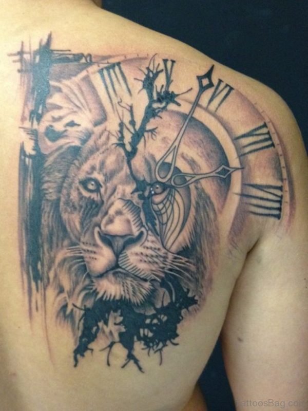 Lion Face And Clock Tattoo