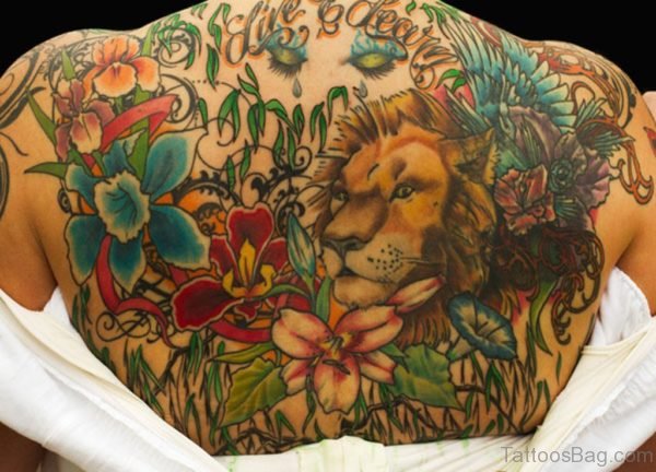Lion Face And Flowers Tattoo