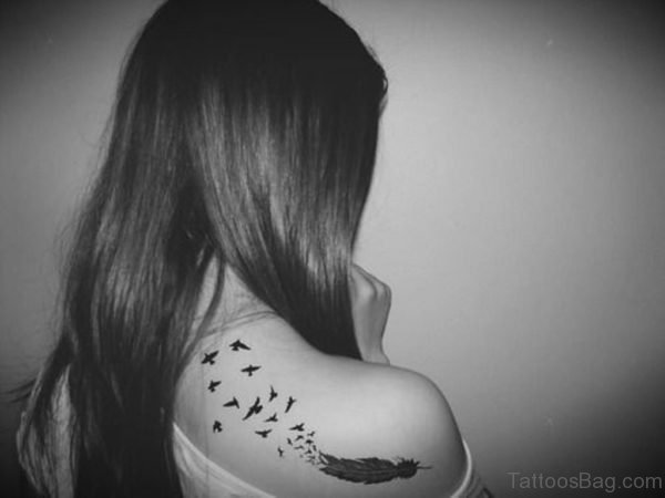 Little Birds And Feather Tattoo On Back