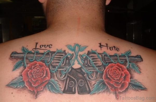 Love Hate Guns And  Roses On Upper Back