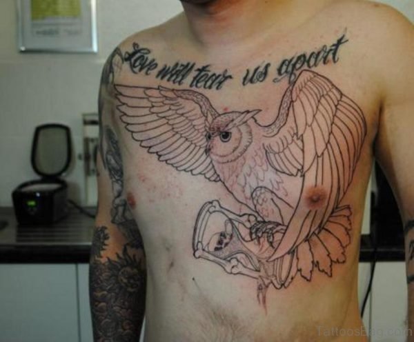 Love Quote And Owl Tattoo On Chest