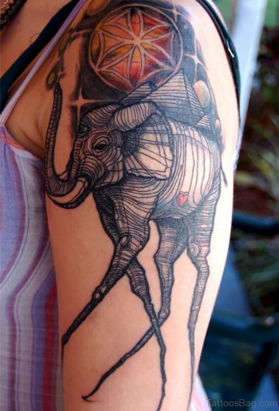 Lovely Designer Elephant Tattoo On Shoulder