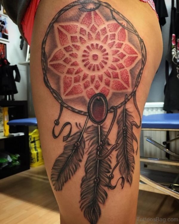 Lovely Dreamcatcher Tattoo On Thigh