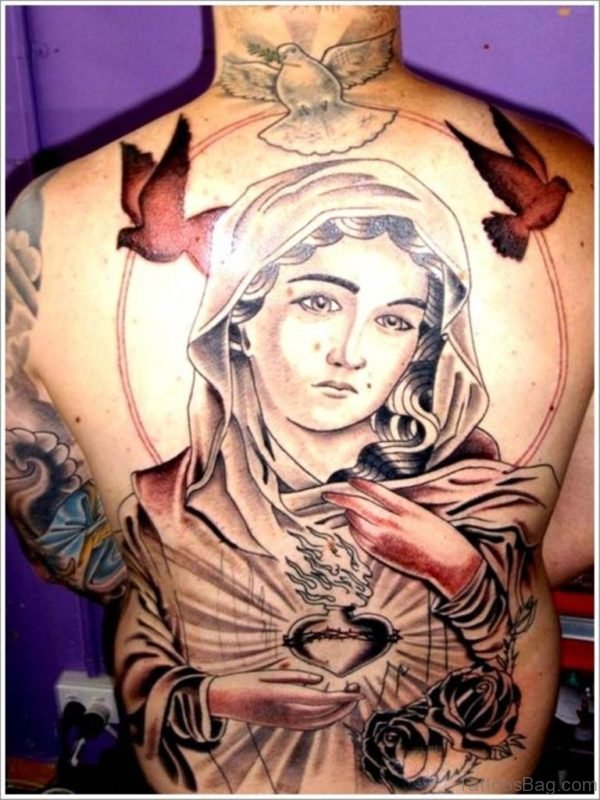 Mary Tattoo On Full Back