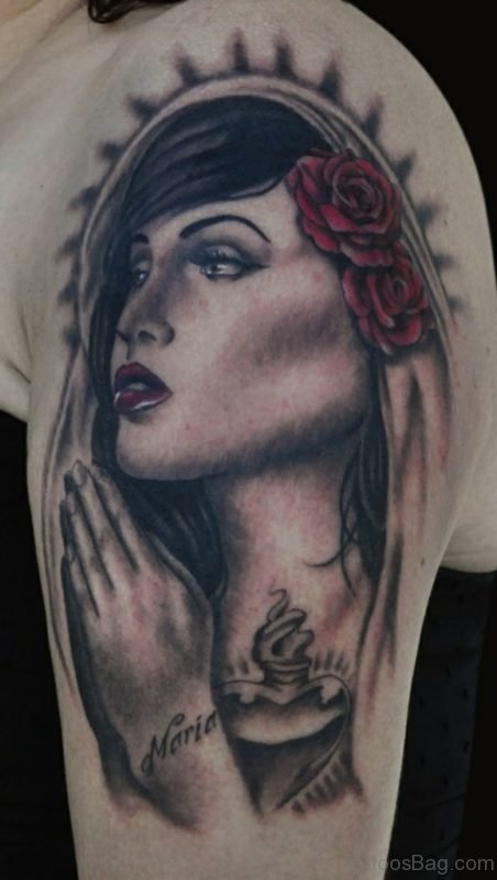 Mary Tattoo On Left Shoulder